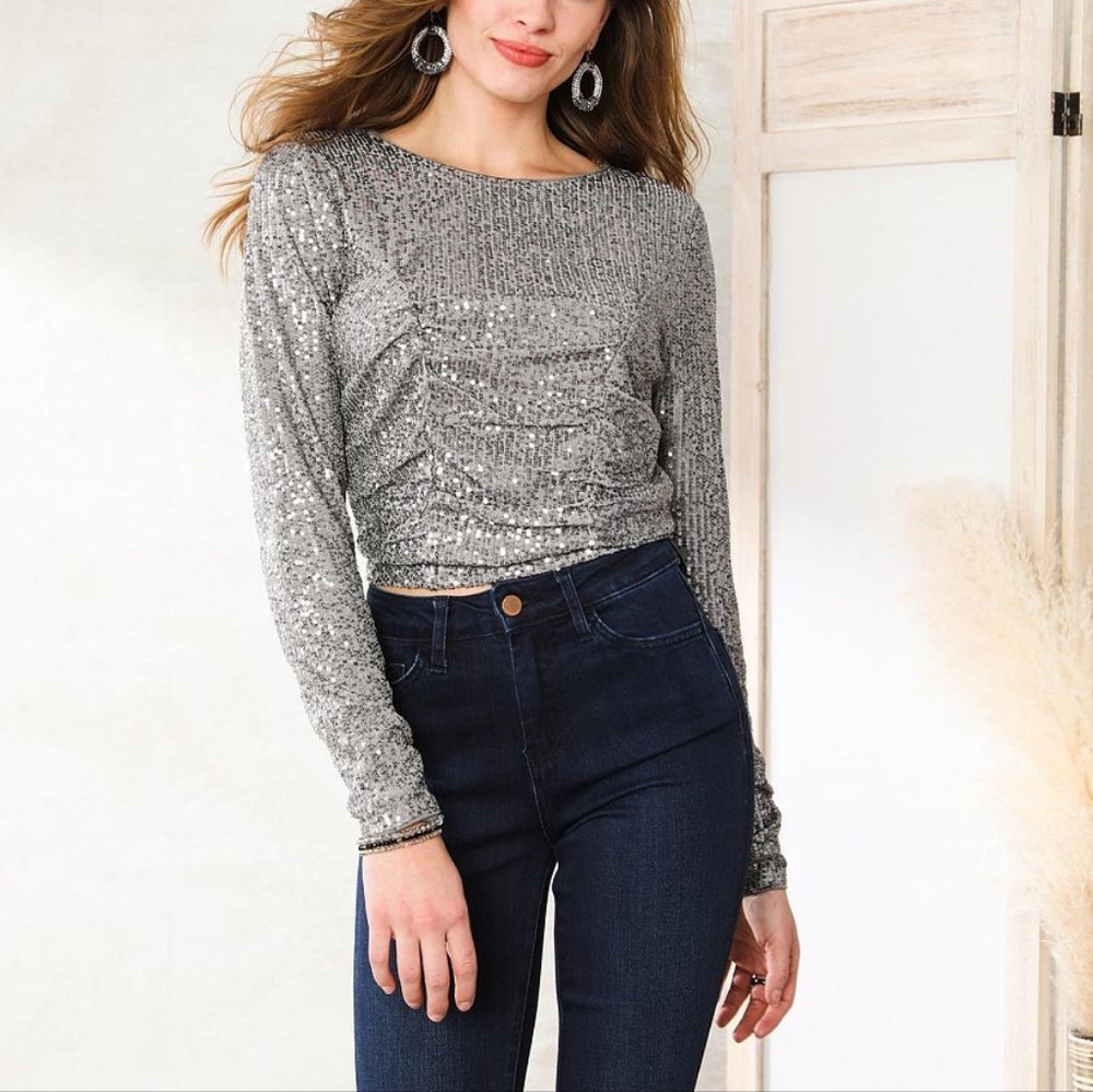 Privy Sequined mesh open back crop top